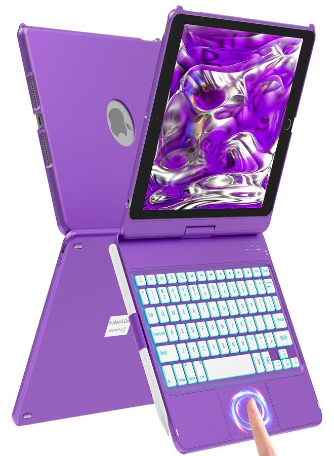 amzcase جراب aMZCaSE لأجهزة iPad من الجيل التاسع/الثامن/السابع مع لوحة مفاتيح ولوحة لمس، غطاء نحيف بزاوية 360 درجة، جراب لوحة مفاتيح للجيل التاسع بإضاءة خلفية ملونة، حامل قلم، خاصية التشغيل/الإيقاف الذكي (بنفسجي داكن) - Image 1