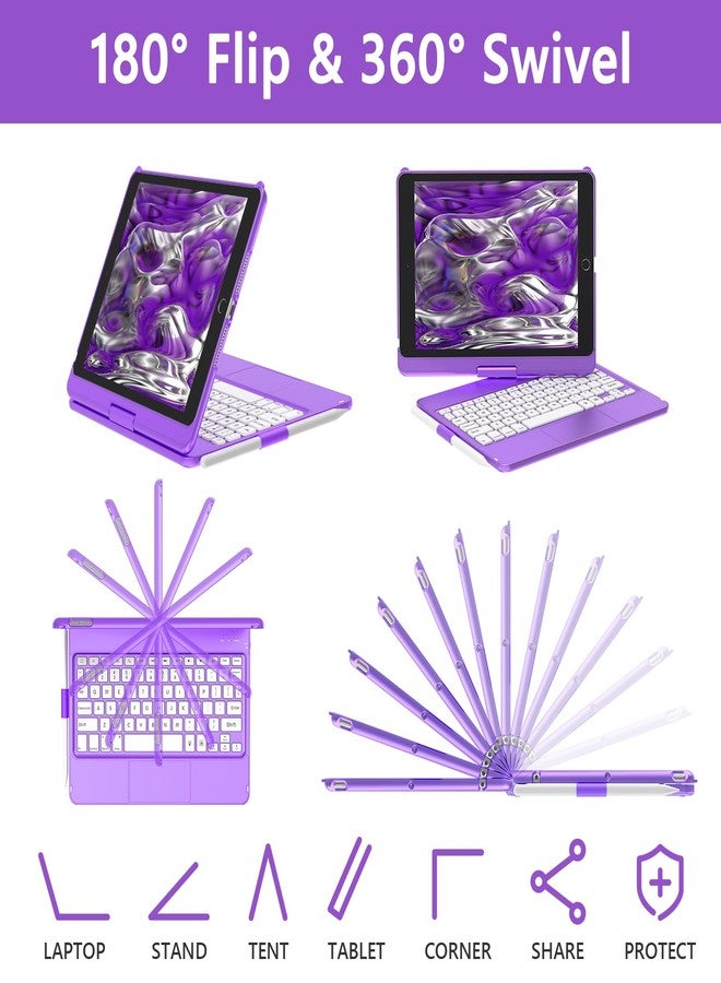 amzcase جراب aMZCaSE لأجهزة iPad من الجيل التاسع/الثامن/السابع مع لوحة مفاتيح ولوحة لمس، غطاء نحيف بزاوية 360 درجة، جراب لوحة مفاتيح للجيل التاسع بإضاءة خلفية ملونة، حامل قلم، خاصية التشغيل/الإيقاف الذكي (بنفسجي داكن) - Image 5