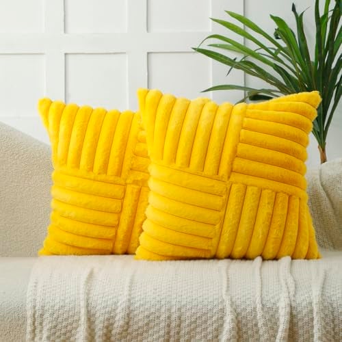 All Smiles Throw Pillow Covers 18x18 Set of 2 Faux Fur Soft Fluffy Velvet Cushion Case Autumn Thanksgiving Decoration Farmhouse Home Decor for Couch Bed Sofa Living RoomMustard Yellow - Image 1