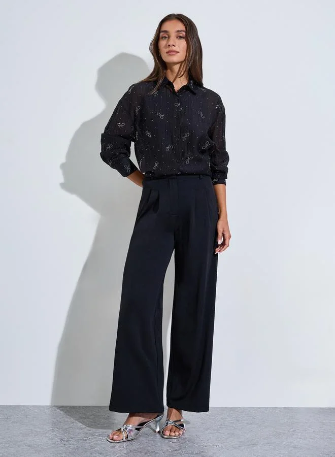 ستايلي Black Bow Embellished Long Sleeves Oversized Shirt