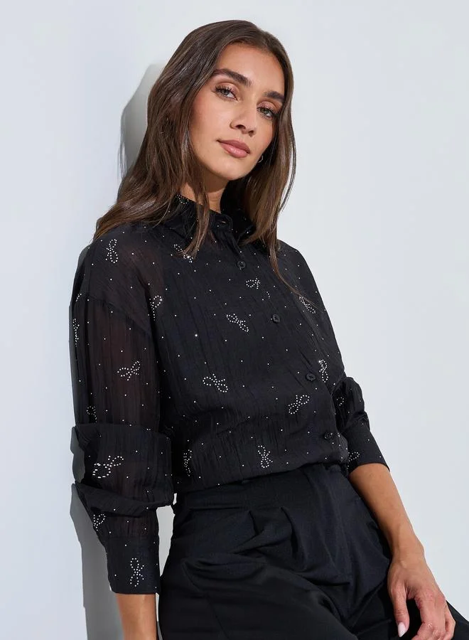 ستايلي Black Bow Embellished Long Sleeves Oversized Shirt