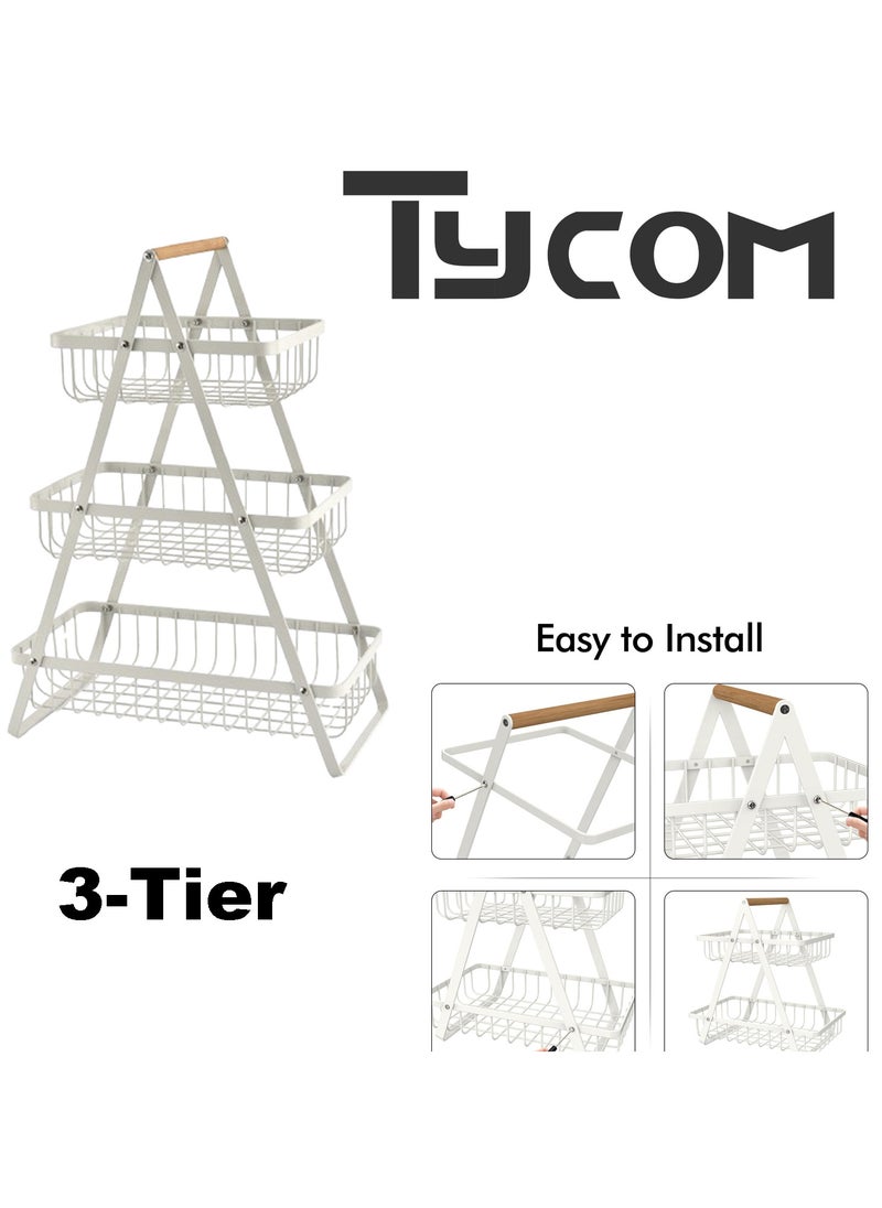 TYCOM Fruit Basket for Kitchen Countertop 2 Tier Portable Metal Wire Storage Rack with Wooden Handle Detachable Rectangle Basket for Kitchen Organizer Storage Bread Snacks Fruits 3 Layer White.  - Image 3