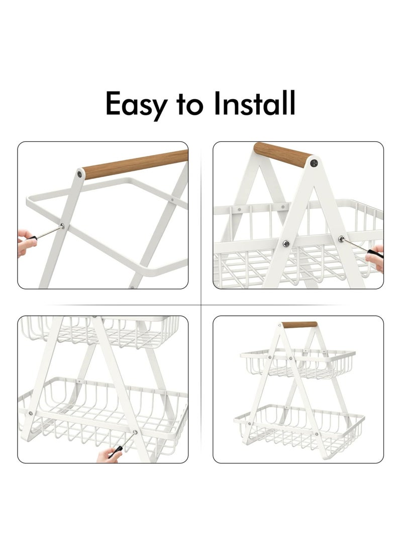 TYCOM Fruit Basket for Kitchen Countertop 2 Tier Portable Metal Wire Storage Rack with Wooden Handle Detachable Rectangle Basket for Kitchen Organizer Storage Bread Snacks Fruits 3 Layer White.  - Image 5