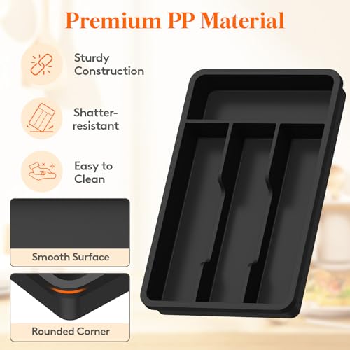 Lifewit Silverware Drawer Organizer Tray, Plastic Cutlery Storage for Kitchen, Flatware and Utensil Holder Divider for Spoons Forks Knives Tableware, 7.8 x 12.4", 4 Slots, Black - Image 5