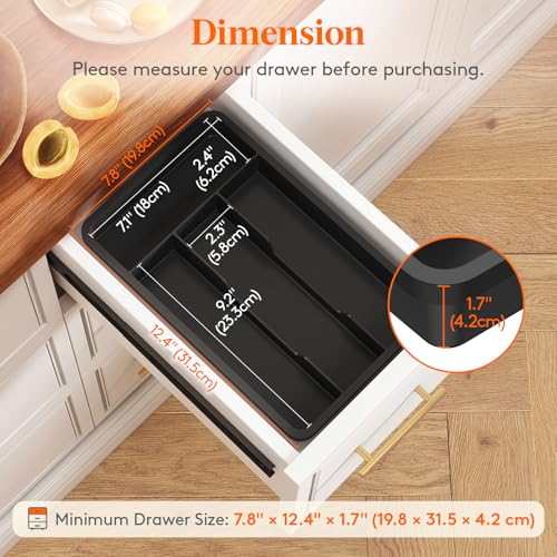 Lifewit Silverware Drawer Organizer Tray, Plastic Cutlery Storage for Kitchen, Flatware and Utensil Holder Divider for Spoons Forks Knives Tableware, 7.8 x 12.4", 4 Slots, Black - Image 2