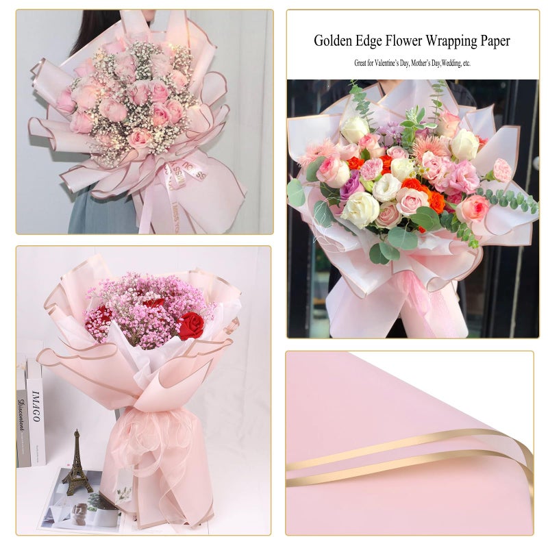 Gloreyan 20 Sheets Gold Edge Flower Wrapping Paper, Florist Bouquet DIY Craft Fresh Flower Bouquet Wrap Waterproof Floral Wrapping Gift Box Packaging Material Florist Supplies, 22.8*22.8 Inches(Pink) - Image 4