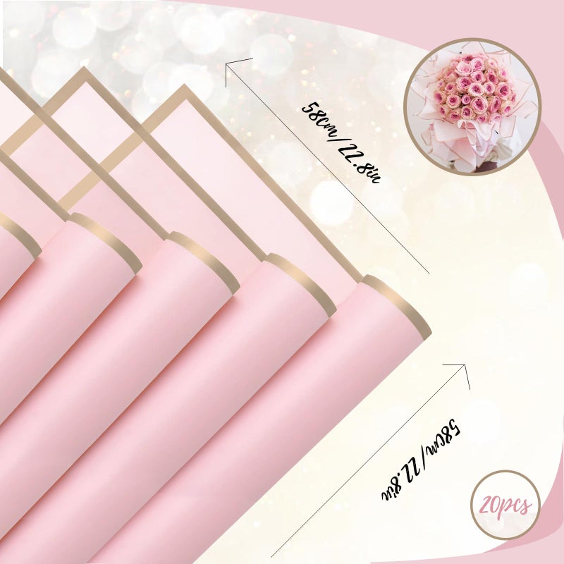 Gloreyan 20 Sheets Gold Edge Flower Wrapping Paper, Florist Bouquet DIY Craft Fresh Flower Bouquet Wrap Waterproof Floral Wrapping Gift Box Packaging Material Florist Supplies, 22.8*22.8 Inches(Pink) - Image 2
