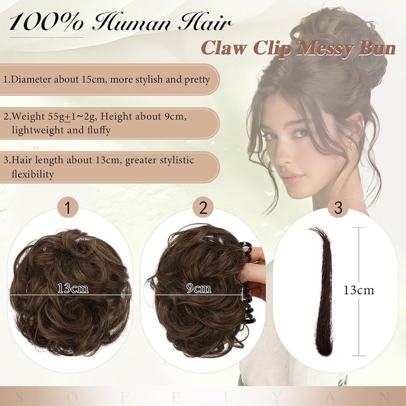 SOFEIYAN Claw Clip Messy Bun 100% Human Hair Buns Curly Hairpieces with Clip Real Hair Chignon Tousled Updo Scrunchie Hairpiece with Clips Hair Accessories for Women-Chocolate Brown - Image 2