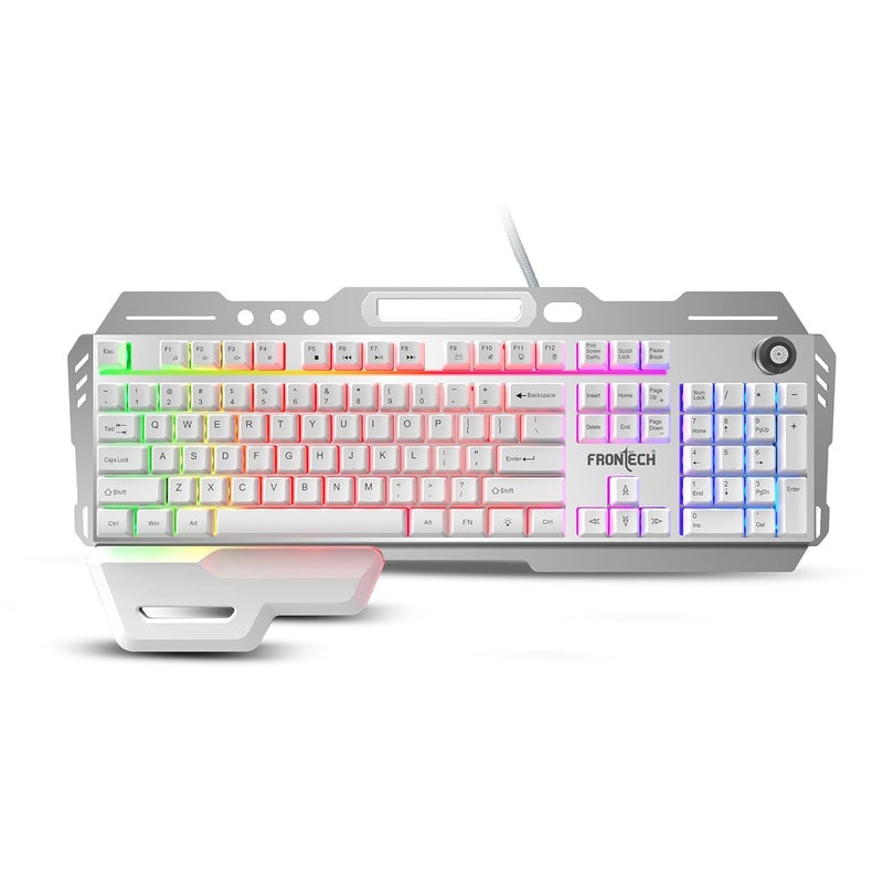 FRONTECH KB-0013P Wired Gaming Keyboard | 104 Keys with Rainbow Backlight | 19 Anti-Ghosting Keys | USB Plug & Play | 1.5m Braided Cable | White-Grey | Compatible with Windows 11/10/8/7 - Image 1