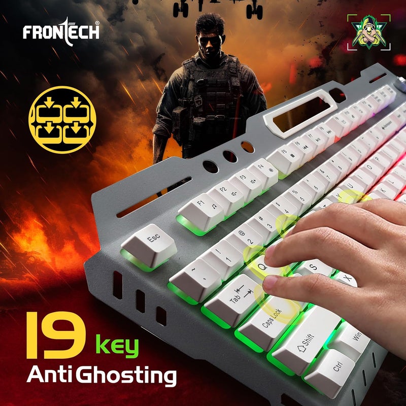 FRONTECH KB-0013P Wired Gaming Keyboard | 104 Keys with Rainbow Backlight | 19 Anti-Ghosting Keys | USB Plug & Play | 1.5m Braided Cable | White-Grey | Compatible with Windows 11/10/8/7 - Image 4