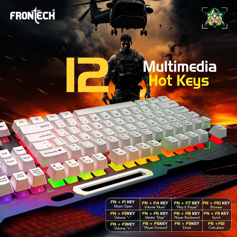 FRONTECH KB-0013P Wired Gaming Keyboard | 104 Keys with Rainbow Backlight | 19 Anti-Ghosting Keys | USB Plug & Play | 1.5m Braided Cable | White-Grey | Compatible with Windows 11/10/8/7 - Image 3