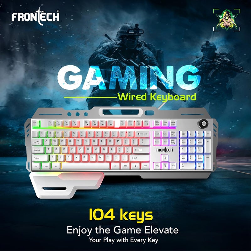 FRONTECH KB-0013P Wired Gaming Keyboard | 104 Keys with Rainbow Backlight | 19 Anti-Ghosting Keys | USB Plug & Play | 1.5m Braided Cable | White-Grey | Compatible with Windows 11/10/8/7 - Image 2