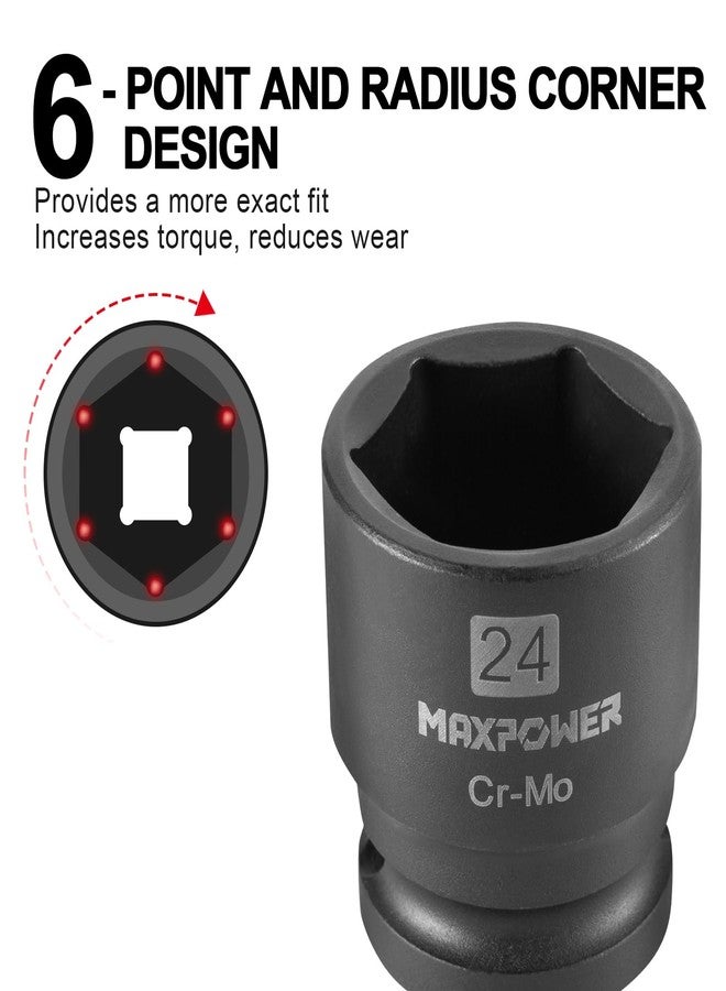 MAXPOWER 1/2 Inch Drive 24mm Standard Impact Socket, Made with Heat-Treated Chrome Molybdenum Steel, 6-Point Design, Metric - Image 3