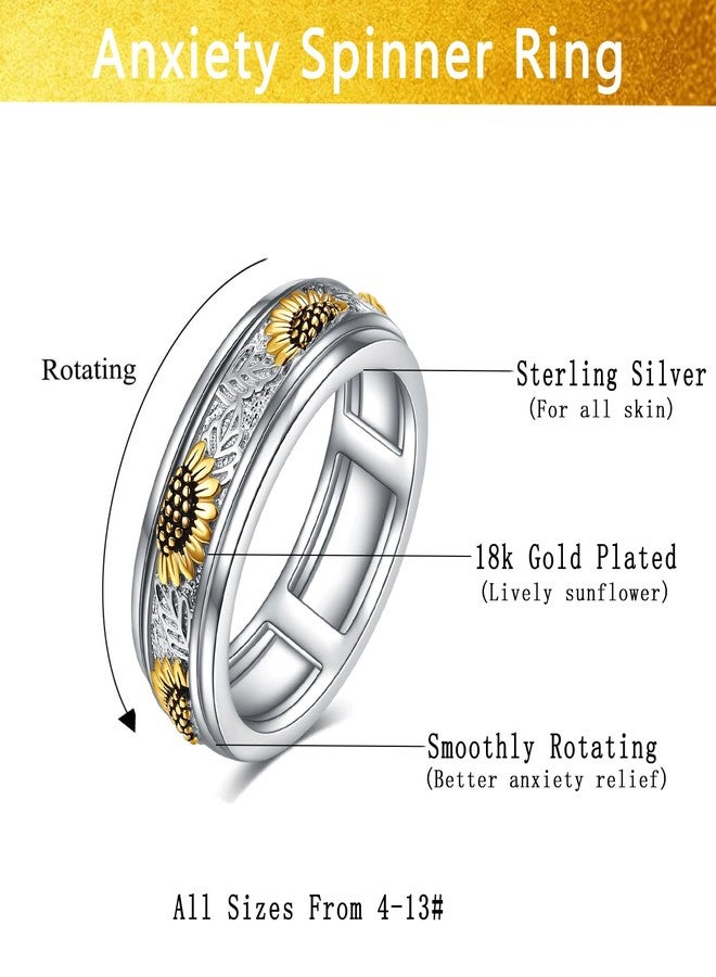POPLYKE Sterling Silver Sunflower Flower Anxiety Spinner Rings Rotatable Fidget Rings for Women Men Relieve Stress Gift（8 Size） - Image 4
