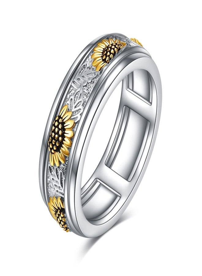 POPLYKE Sterling Silver Sunflower Flower Anxiety Spinner Rings Rotatable Fidget Rings for Women Men Relieve Stress Gift（8 Size） - Image 1