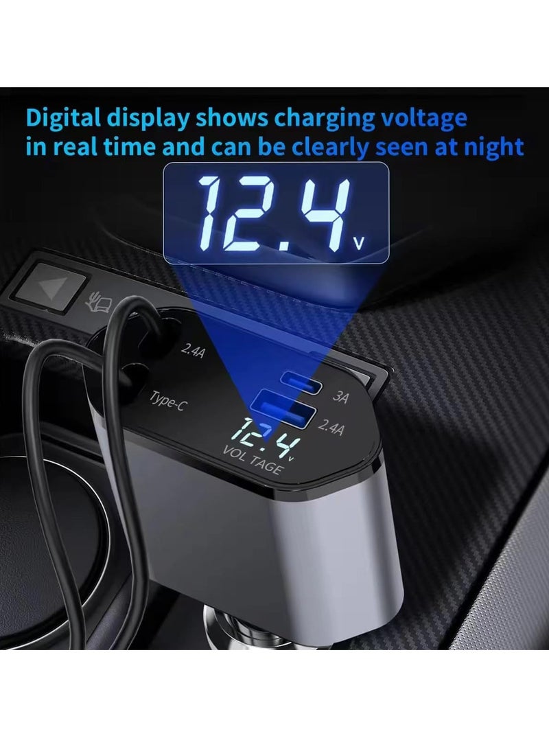 Retractable Car Charger 4 in 1 Fast Car Phone Charger 100W with Cord 2.6ft Retractable Cable and 2 USB Ports Car Charger Adapter for  15 14 13 12 Pro Max Galaxy S23 - Image 3