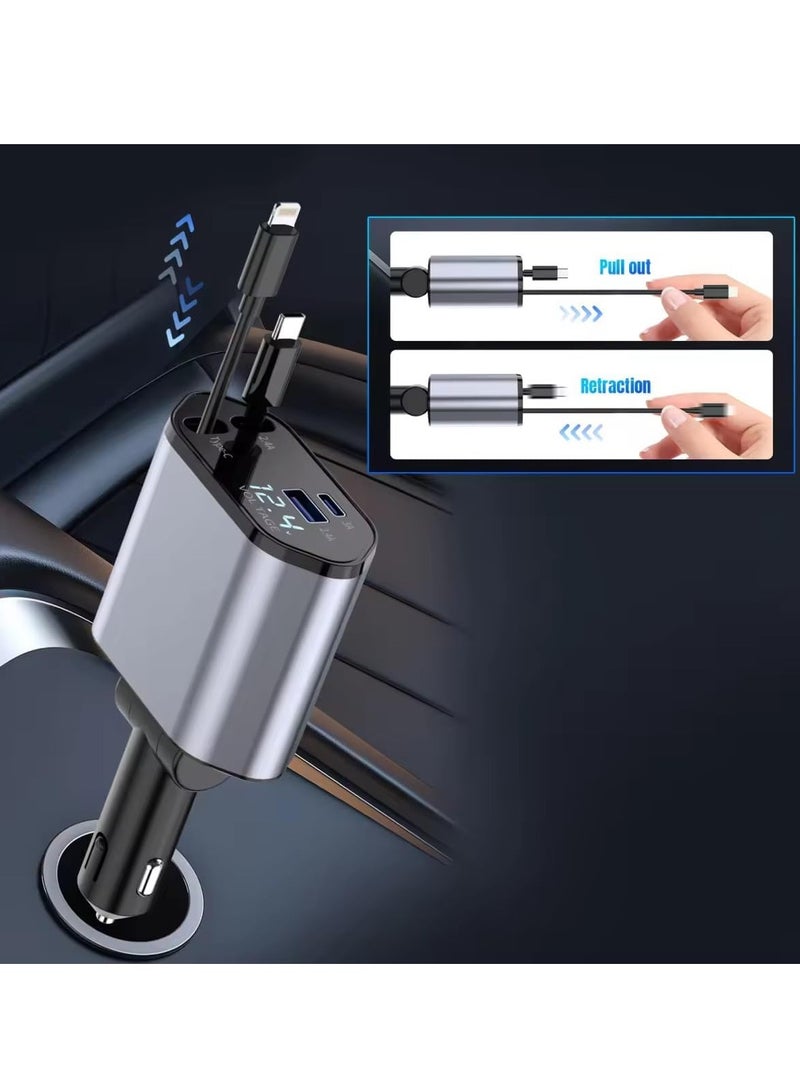 Retractable Car Charger 4 in 1 Fast Car Phone Charger 100W with Cord 2.6ft Retractable Cable and 2 USB Ports Car Charger Adapter for  15 14 13 12 Pro Max Galaxy S23 - Image 5