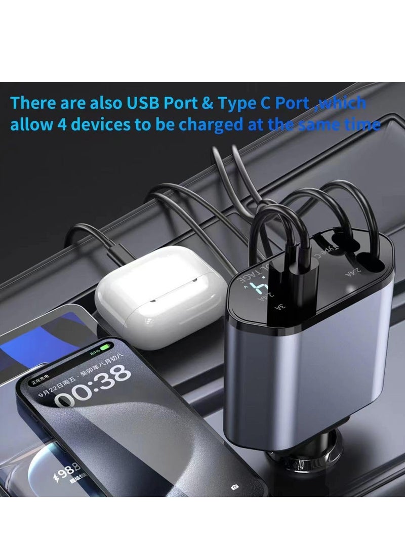 Retractable Car Charger 4 in 1 Fast Car Phone Charger 100W with Cord 2.6ft Retractable Cable and 2 USB Ports Car Charger Adapter for  15 14 13 12 Pro Max Galaxy S23 - Image 2