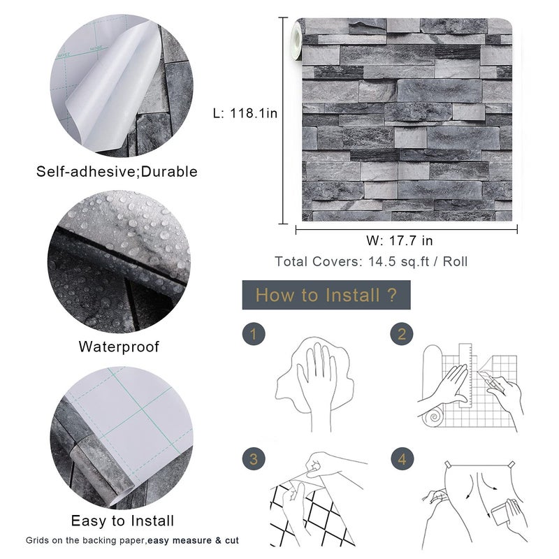 Timeet Grey Brick Wallpaper Peel and Stick Stone Wall Paper 17.7â€X 118â€Self Adhesive Removable Vintage Brick Contact Paper Faux Textured Wallpaper Home Decoration - Image 5