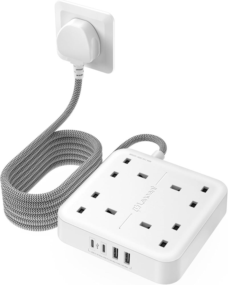 لينسينت سلك تمديد بطول 3 متر مع منفذ USB-C (3250 واط 13 أمبير)، شريط طاقة بـ 4 مقابس مع منفذي USB-C ومنفذي USB، سلك تمديد متعدد الطاقة مع كابل مضفر بطول 3 متر للمكتب المنزلي - أبيض - Image 1
