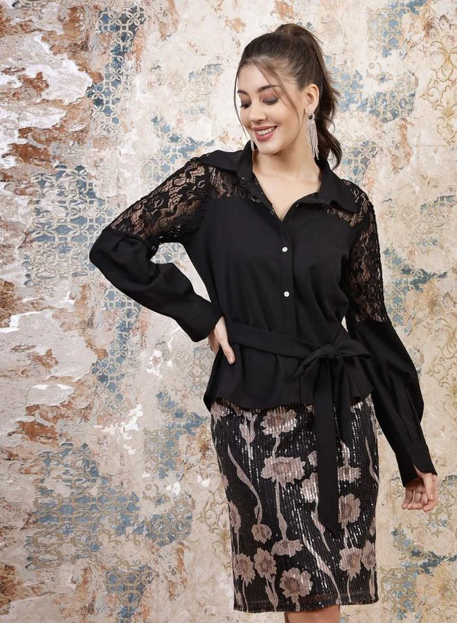 Athena Lace Insert Shirt Style Top with Tie Waist by Styli