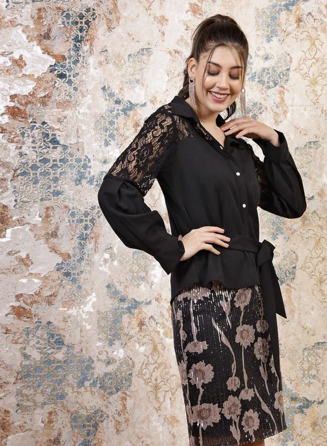 Athena Lace Insert Shirt Style Top with Tie Waist by Styli