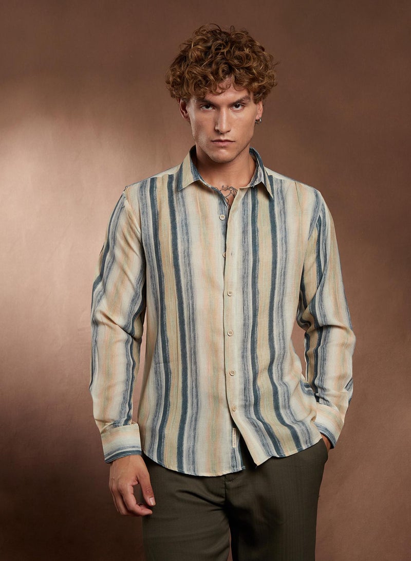 Campus Sutra Campus Sutra Men's Butter Yellow & Prussian Blue Striped-Strokes Shirt For Casual Wear | Spread Collar | Long Cuffed Sleeves | Button Closure | Shirt Crafted With Comfort Fit For Everyday Wear  - Image 2