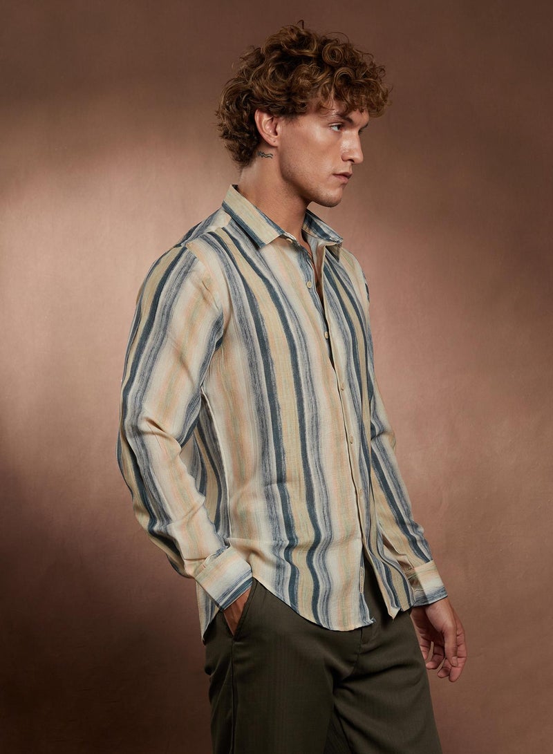 Campus Sutra Campus Sutra Men's Butter Yellow & Prussian Blue Striped-Strokes Shirt For Casual Wear | Spread Collar | Long Cuffed Sleeves | Button Closure | Shirt Crafted With Comfort Fit For Everyday Wear  - Image 3