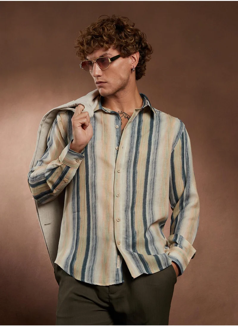 كامبوس سوترا Campus Sutra Men's Butter Yellow & Prussian Blue Striped-Strokes Shirt For Casual Wear | Spread Collar | Long Cuffed Sleeves | Button Closure | Shirt Crafted With Comfort Fit For Everyday Wear