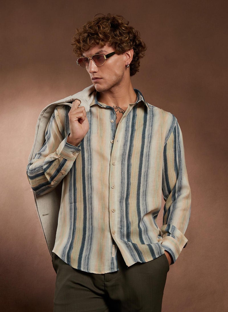 Campus Sutra Campus Sutra Men's Butter Yellow & Prussian Blue Striped-Strokes Shirt For Casual Wear | Spread Collar | Long Cuffed Sleeves | Button Closure | Shirt Crafted With Comfort Fit For Everyday Wear  - Image 1