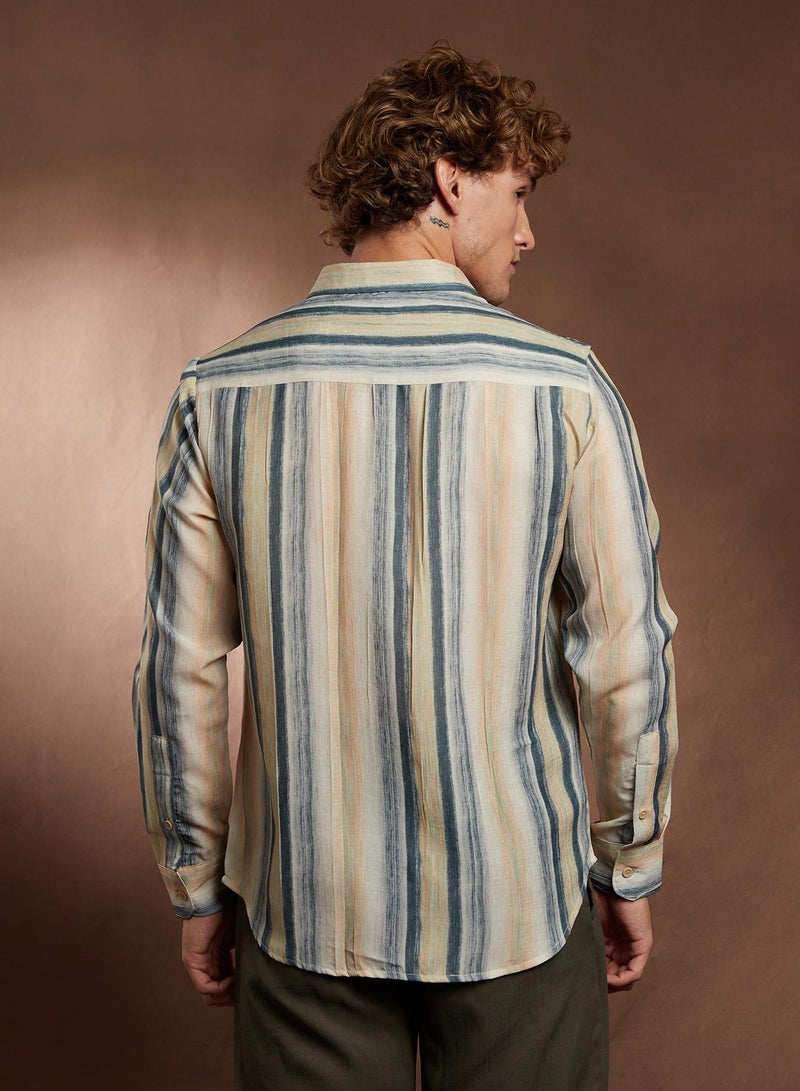 Campus Sutra Campus Sutra Men's Butter Yellow & Prussian Blue Striped-Strokes Shirt For Casual Wear | Spread Collar | Long Cuffed Sleeves | Button Closure | Shirt Crafted With Comfort Fit For Everyday Wear  - Image 5