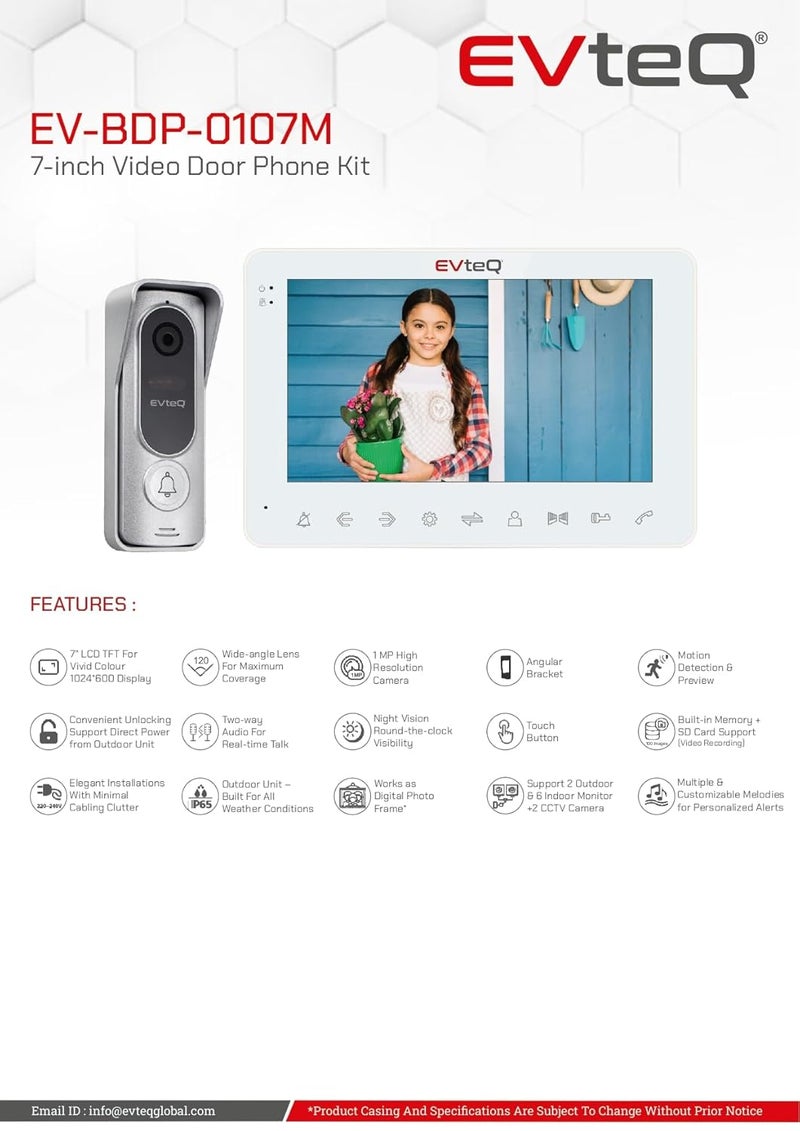 EVteQ EV-BDP-0107M 7-inch Video Door Phone Kit with 1MP Camera, Motion Detection, Night Vision, with Memory - Image 1
