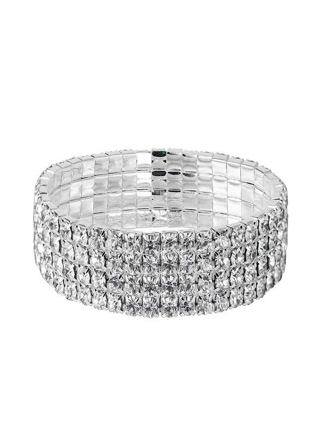 YINLI Sparkling Crystal Rhinestone Stretch Tennis Bracelet Bridal Bridesmaid Bangle (4 Row Silver) - Image 1