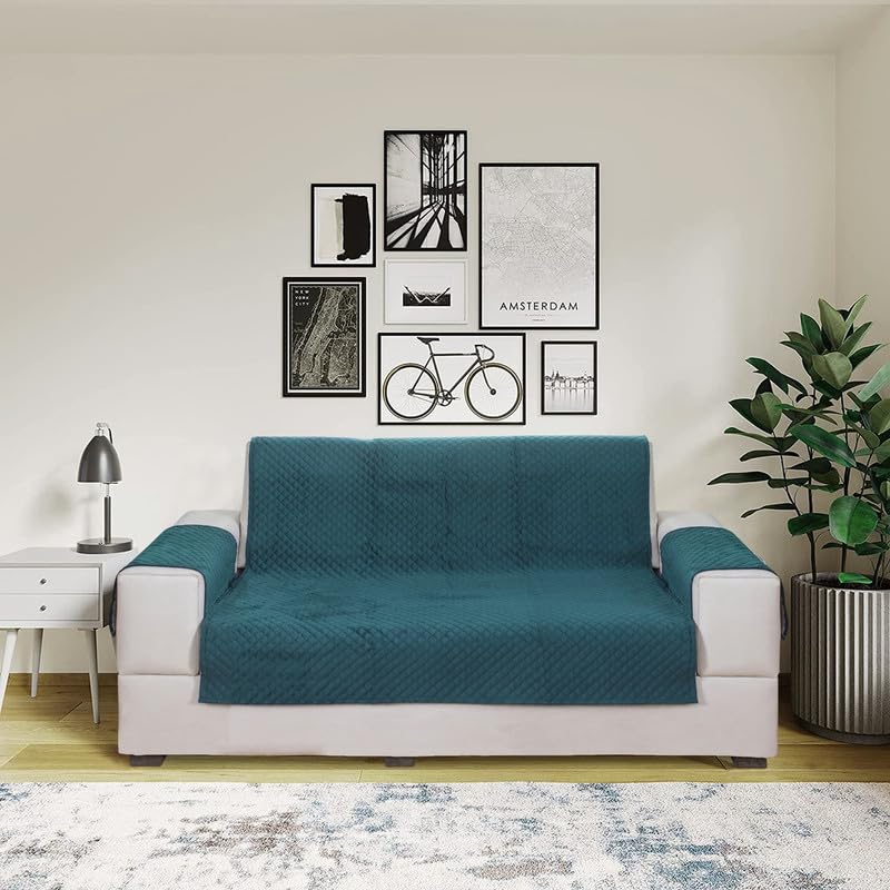 Nendle Sofa Cover 2 Seater Quilted Velvet Universal Mat Antiskid Dust Protector Fully Covered 2 Seater Sofa Cover with Hands Cover Attached (Peacock Blue, Pack of 1) - Image 1