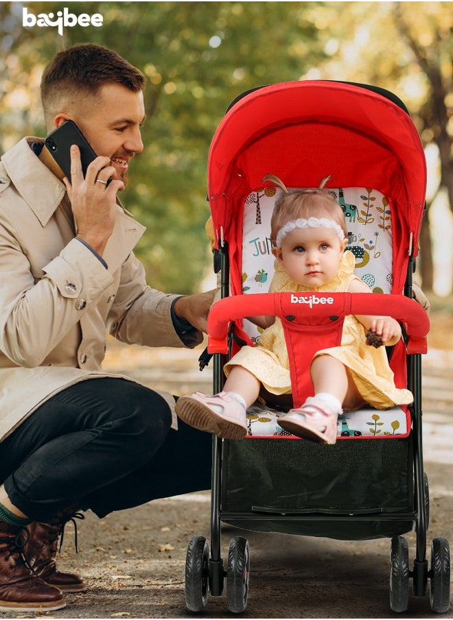 BAYBEE Infant Baby Stroller for Newborn Babies with 2 Position Adjustable Canopy Round Grip Handle Safety Harness Storage Basket Baby Push Stroller for Toddlers 6 Months to 3 Years Boys Girls Red  - Image 2