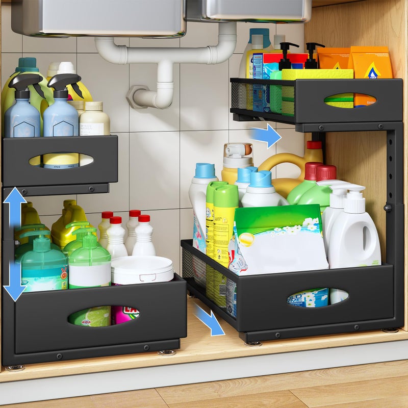 PXRACK Under Sink Organizer, Under Sink Organizers and Storage, 2 Tier Pull Out Cabinet Organizer Slide Out Shelf, Kitchen Drawer Organizer Under Bathroom Sink Organizer(1 Pack, Black) - Image 1