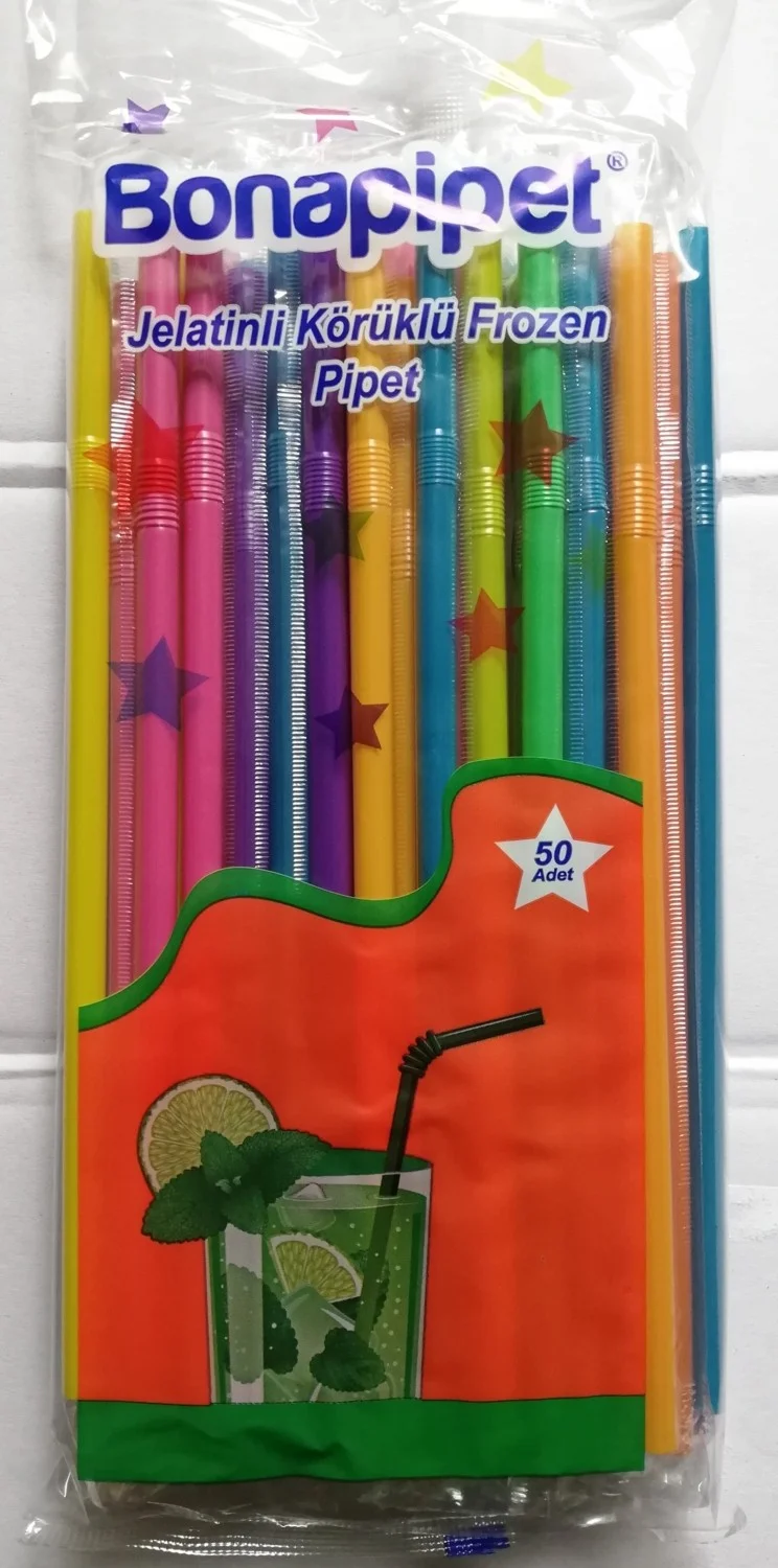 Kalbi Ticaret Colorful Straws 50 pcs + Black Straws 50 pcs Pack Gelatin Wrapped Straws Frozen Bellows Straws