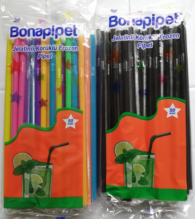Kalbi Ticaret Colorful Straws 50 pcs + Black Straws 50 pcs Pack Gelatin Wrapped Straws Frozen Bellows Straws