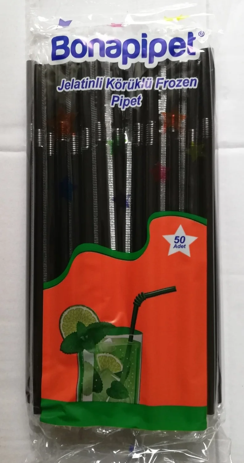 Kalbi Ticaret Colorful Straws 50 pcs + Black Straws 50 pcs Pack Gelatin Wrapped Straws Frozen Bellows Straws