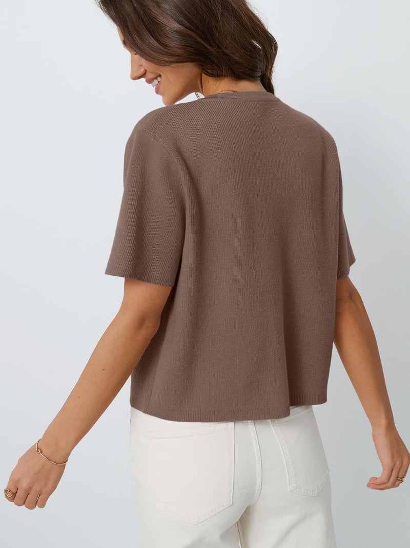 LILLUSORY Short Sleeve Cardigan Sweaters for Women 2026 Summer Cropped Button Up Blouse Spring Sweater Tops Y2K Outfits Clothes Fashion Nutmeg S - Image 4