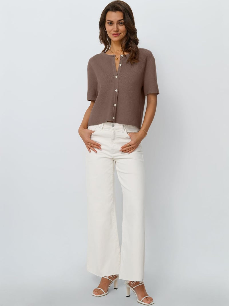 LILLUSORY Short Sleeve Cardigan Sweaters for Women 2026 Summer Cropped Button Up Blouse Spring Sweater Tops Y2K Outfits Clothes Fashion Nutmeg S - Image 5