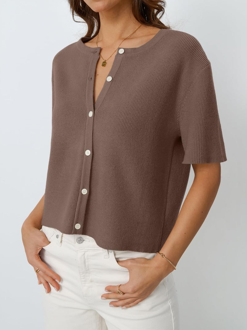 LILLUSORY Short Sleeve Cardigan Sweaters for Women 2026 Summer Cropped Button Up Blouse Spring Sweater Tops Y2K Outfits Clothes Fashion Nutmeg S - Image 3
