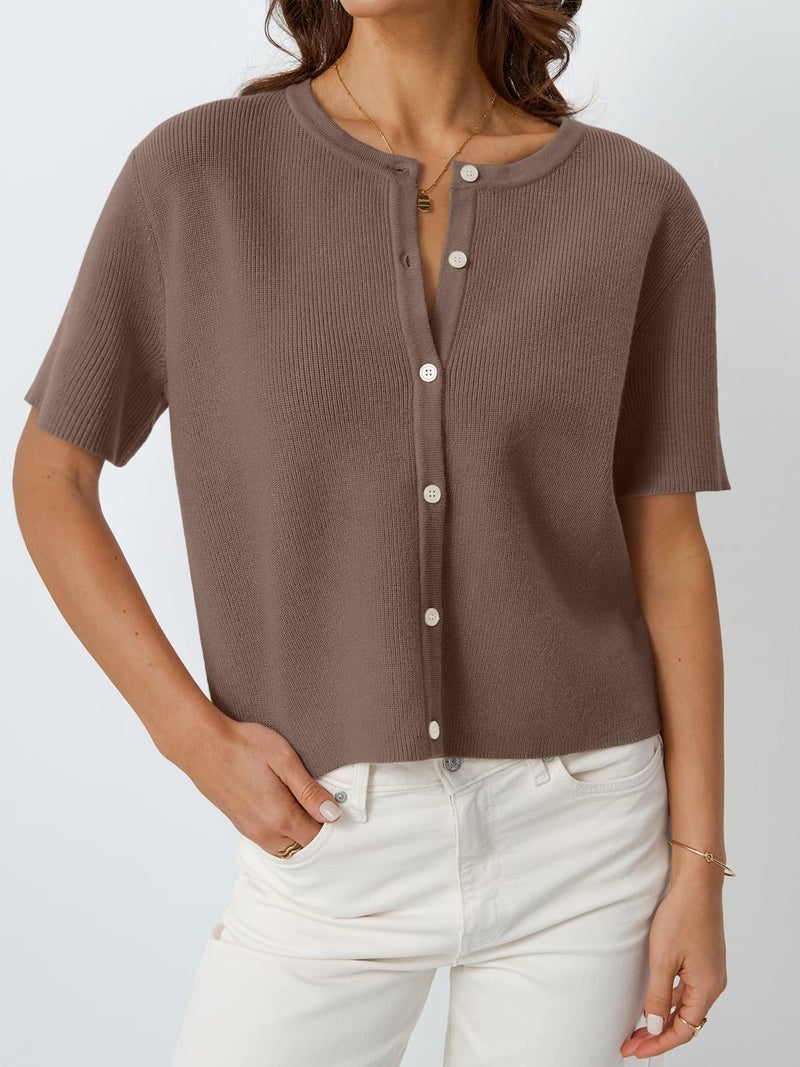 LILLUSORY Short Sleeve Cardigan Sweaters for Women 2026 Summer Cropped Button Up Blouse Spring Sweater Tops Y2K Outfits Clothes Fashion Nutmeg S - Image 2