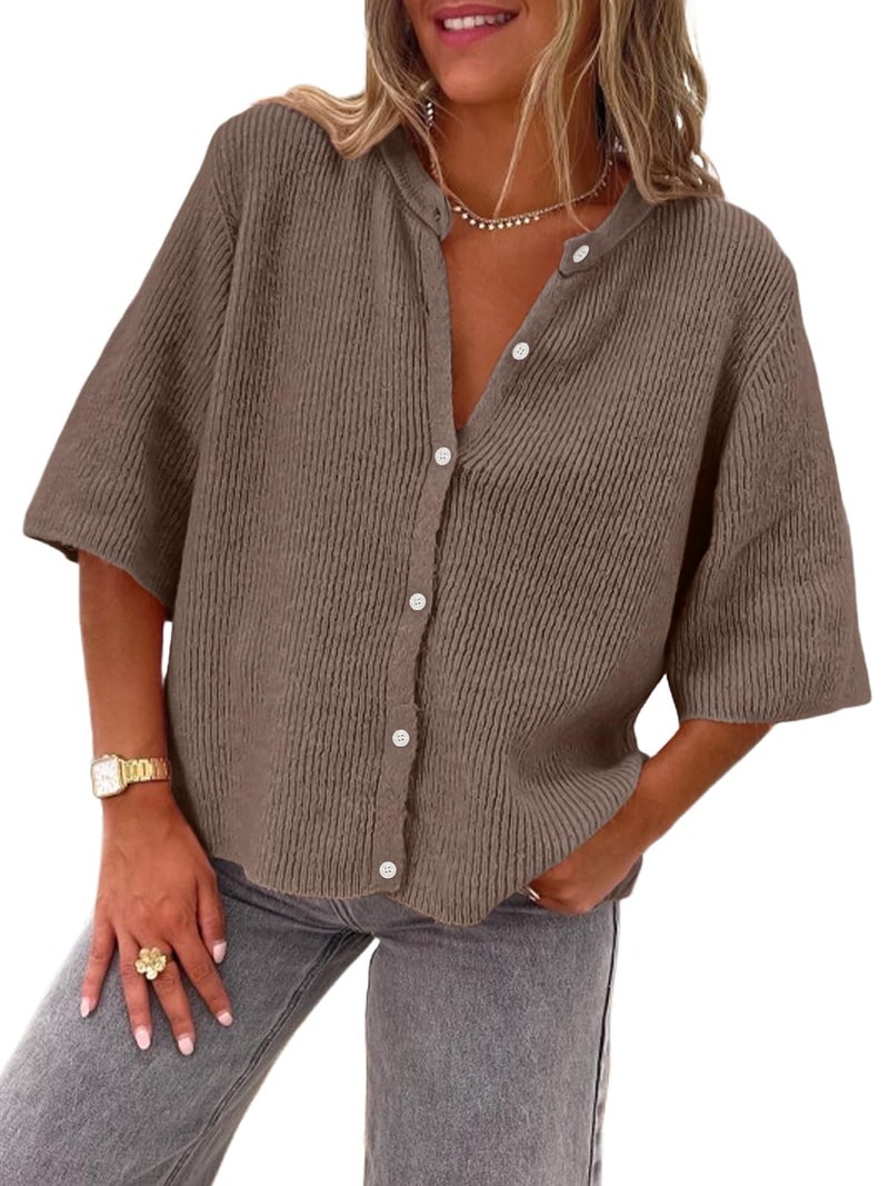 LILLUSORY Short Sleeve Cardigan Sweaters for Women 2026 Summer Cropped Button Up Blouse Spring Sweater Tops Y2K Outfits Clothes Fashion Nutmeg S - Image 1