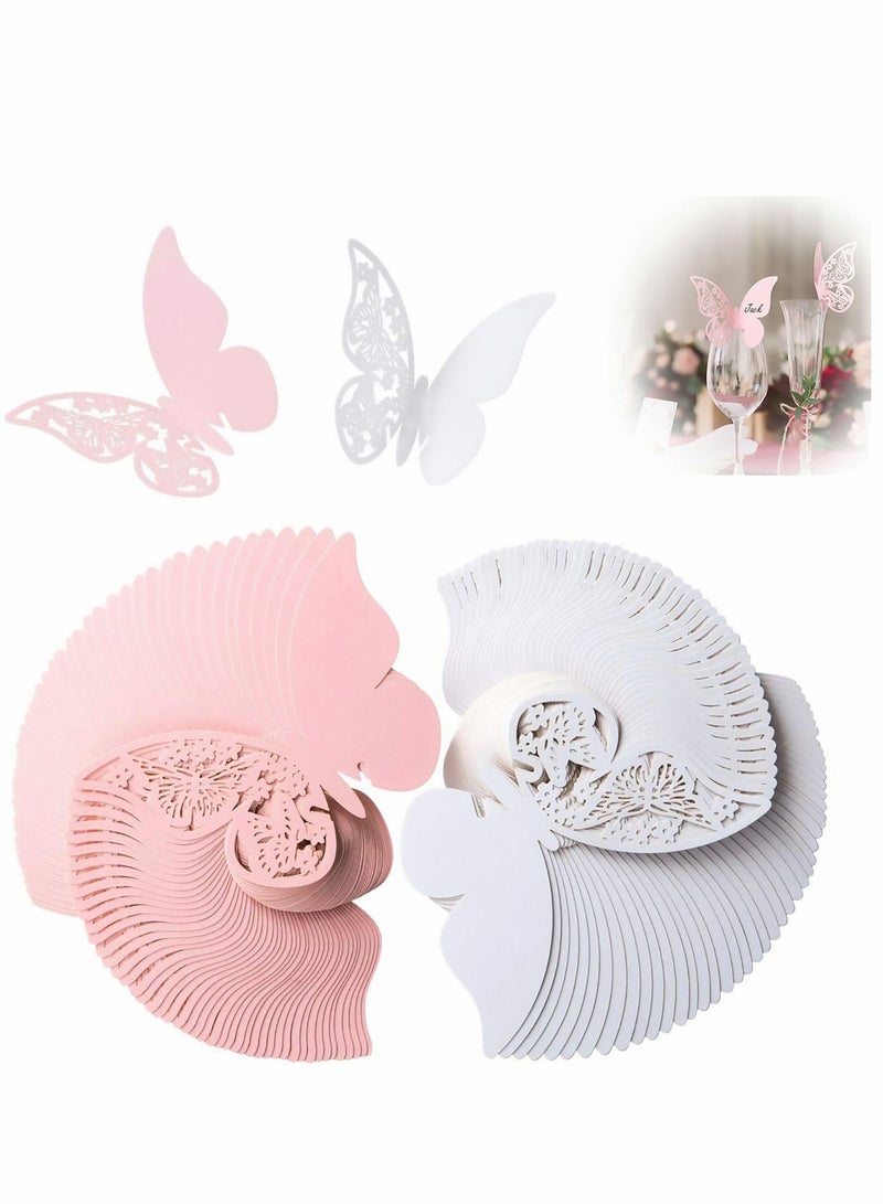 Excefore Butterfly Cup Cards, 100Pcs Wedding Name Place Cards Hollow Guest Number Card for Engagement Party Favour Table Decor Goblets Top Decoration, Pink and White - Image 1