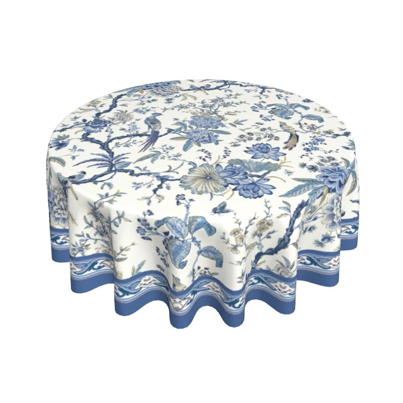 Giwawa Chinoiserie Tablecloth Round 60Inch Blue White Flowers Birds Table Cloth Classic Porcelain Floral Oriental Style Table Cover Reusable Heat Resistant for Dining Kitchen Indoor Outdoor Decor
