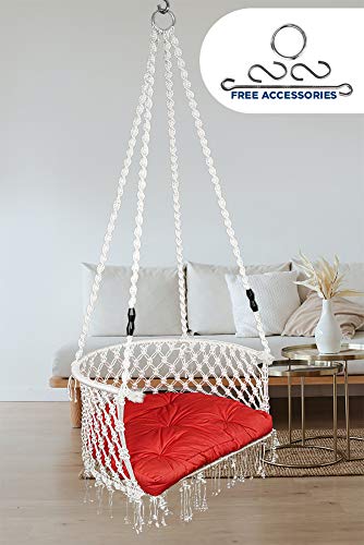 Patiofy Made in India Premium Single Seater Cotton Swing Chair for Adults,Kids Hammock-Hanging Chair Swing with Cushion and Accessories (White) - Image 4