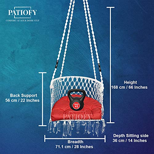 Patiofy Made in India Premium Single Seater Cotton Swing Chair for Adults,Kids Hammock-Hanging Chair Swing with Cushion and Accessories (White) - Image 5