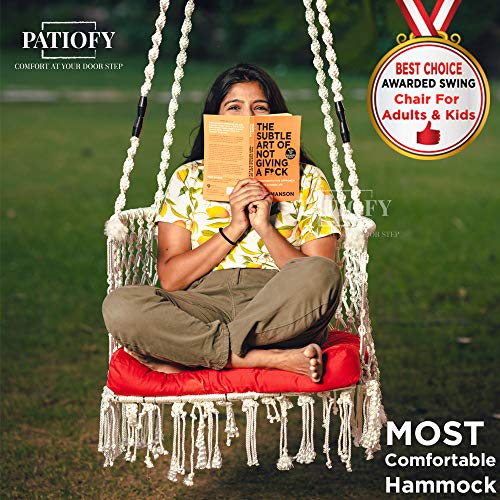 Patiofy Made in India Premium Single Seater Cotton Swing Chair for Adults,Kids Hammock-Hanging Chair Swing with Cushion and Accessories (White) - Image 3