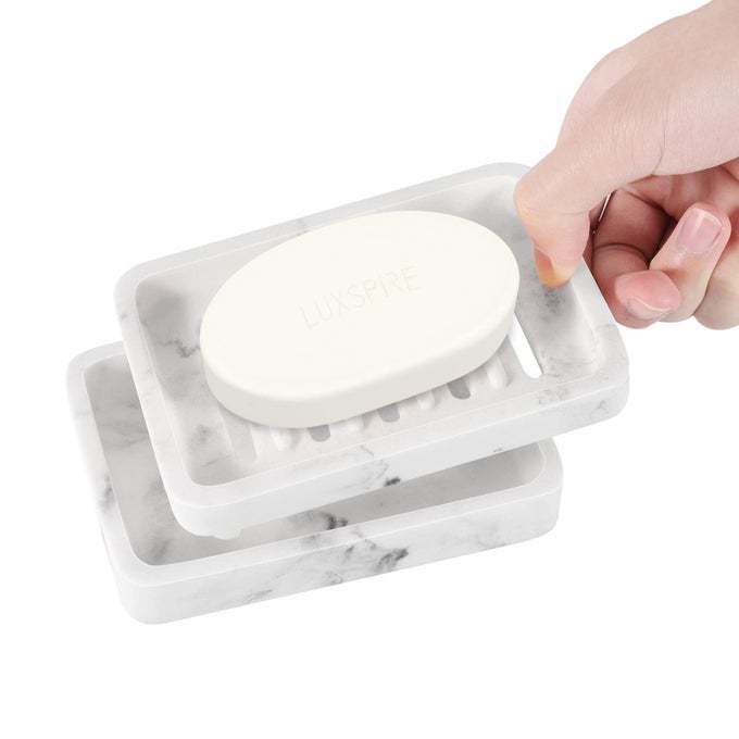 SOAP DISH TRAY DOUBLE LAYER DRAINING SPONGE HOLDER DETACHABLE CONTAINER BOX FOR BATHROOM SHOWER KITCHEN SINK DISH WHITE MARBLE